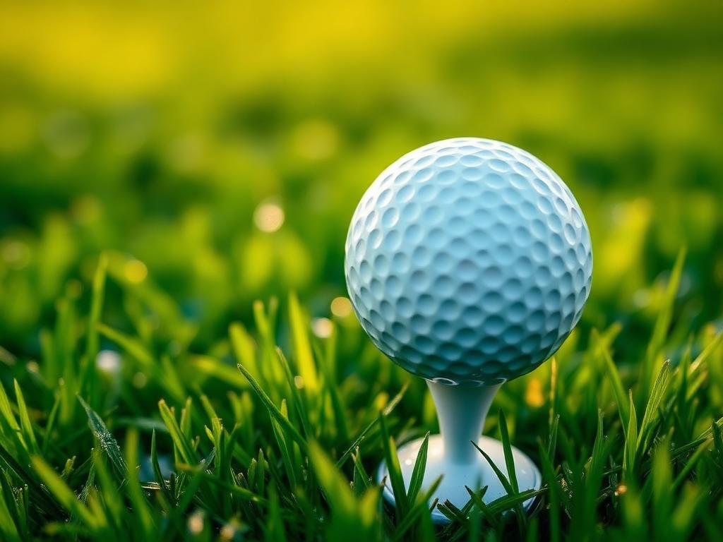 Golf ball on a tee in dewy morning grass