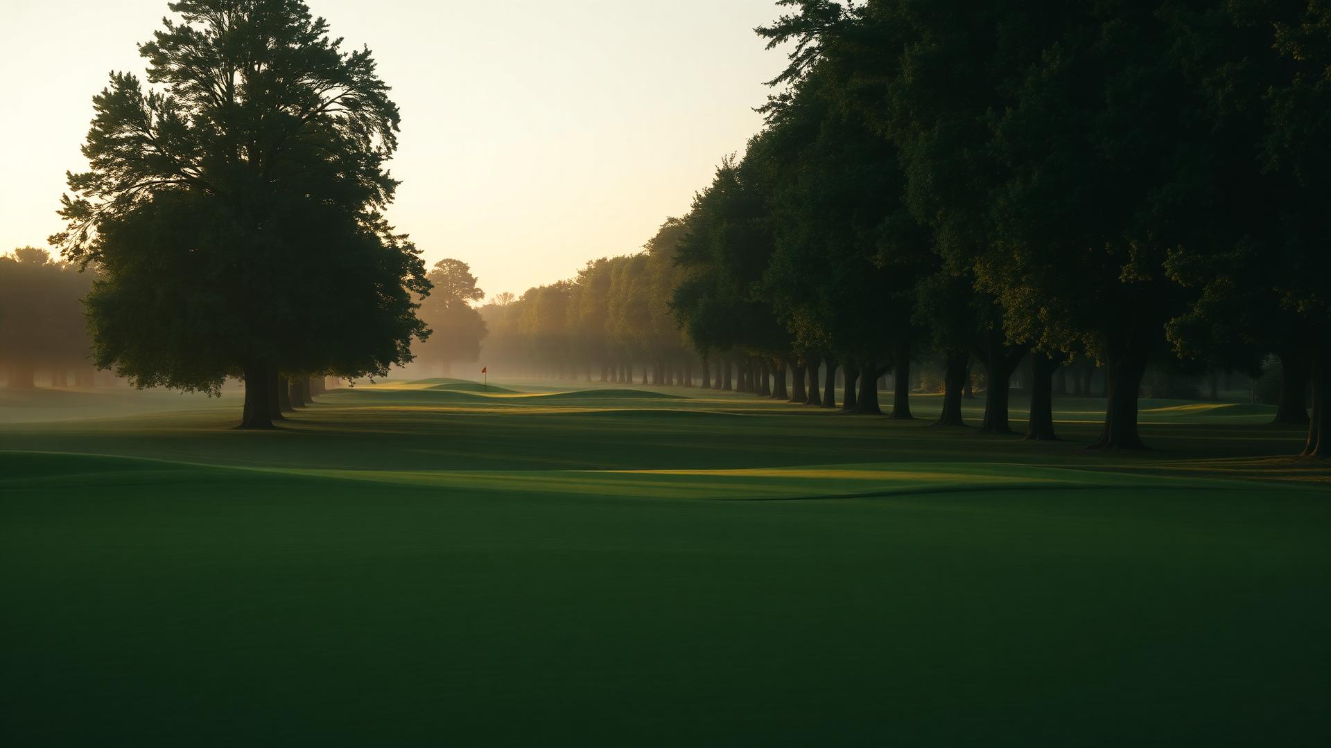 Misty parkland golf course fairway at sunrise